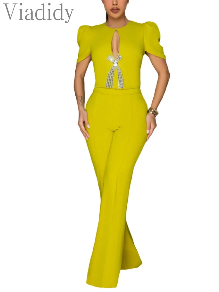 Women'S Formal Jumpsuit Evening Wear - ชุดจั๊มสูทขายาวทรงหลวม คอทรงกลม แขนสั้น สีพื้น สำหรับงานกลางคืนของผู้หญิง