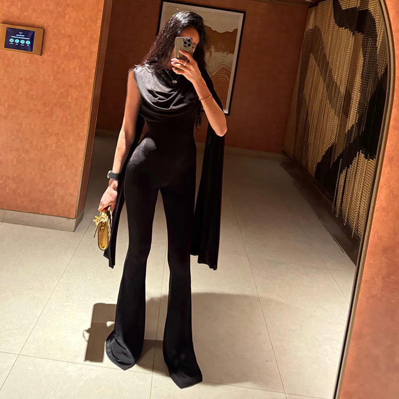 Women'S Formal Jumpsuit Evening Wear - จั๊มสูทผู้หญิงสีดำ เซ็กซี่ แขนกุด พร้อมผ้าคลุมยาว ทรงเข้ารูป กางเกงขายาว