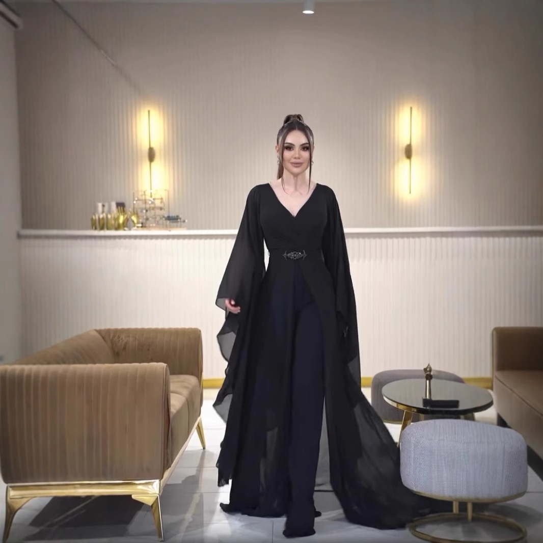Women'S Formal Jumpsuit Evening Wear - ชุดจั๊มสูทออกงานสำหรับผู้หญิงชาวอาหรับ สีดำ คอวี แขนยาว ดีไซน์หรูหรา เหมาะสำหรับงานแต่งงาน