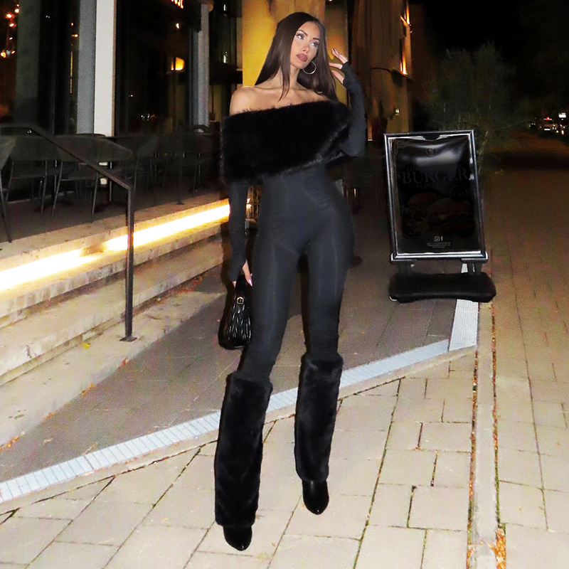 Women'S Formal Jumpsuit Evening Wear - จั๊มสูทขนเฟอร์หรูหราสำหรับผู้หญิง แขนยาวเปิดไหล่ เซ็กซี่ เหมาะสำหรับงานปาร์ตี้ กางเกงขายาว สไตล์สาวฮอต