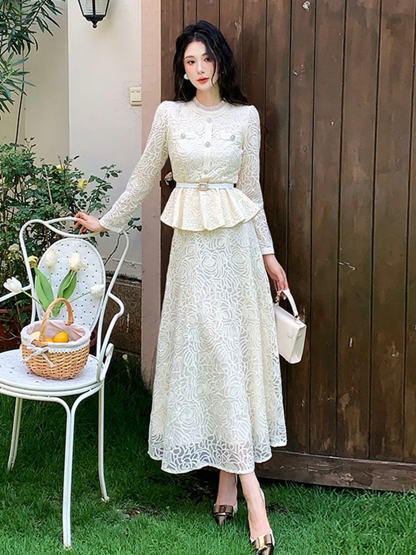 Formal Dress Female - ชุดเดรสลูกไม้หรูหราแบบสองชิ้นสำหรับงานกลางคืน ผู้หญิง ฤดูใบไม้ร่วง เสื้อปักลายทรงเข้ารูป กระโปรงทรงเอความยาวปานกลาง ชุดสูทสำหรับผู้หญิง