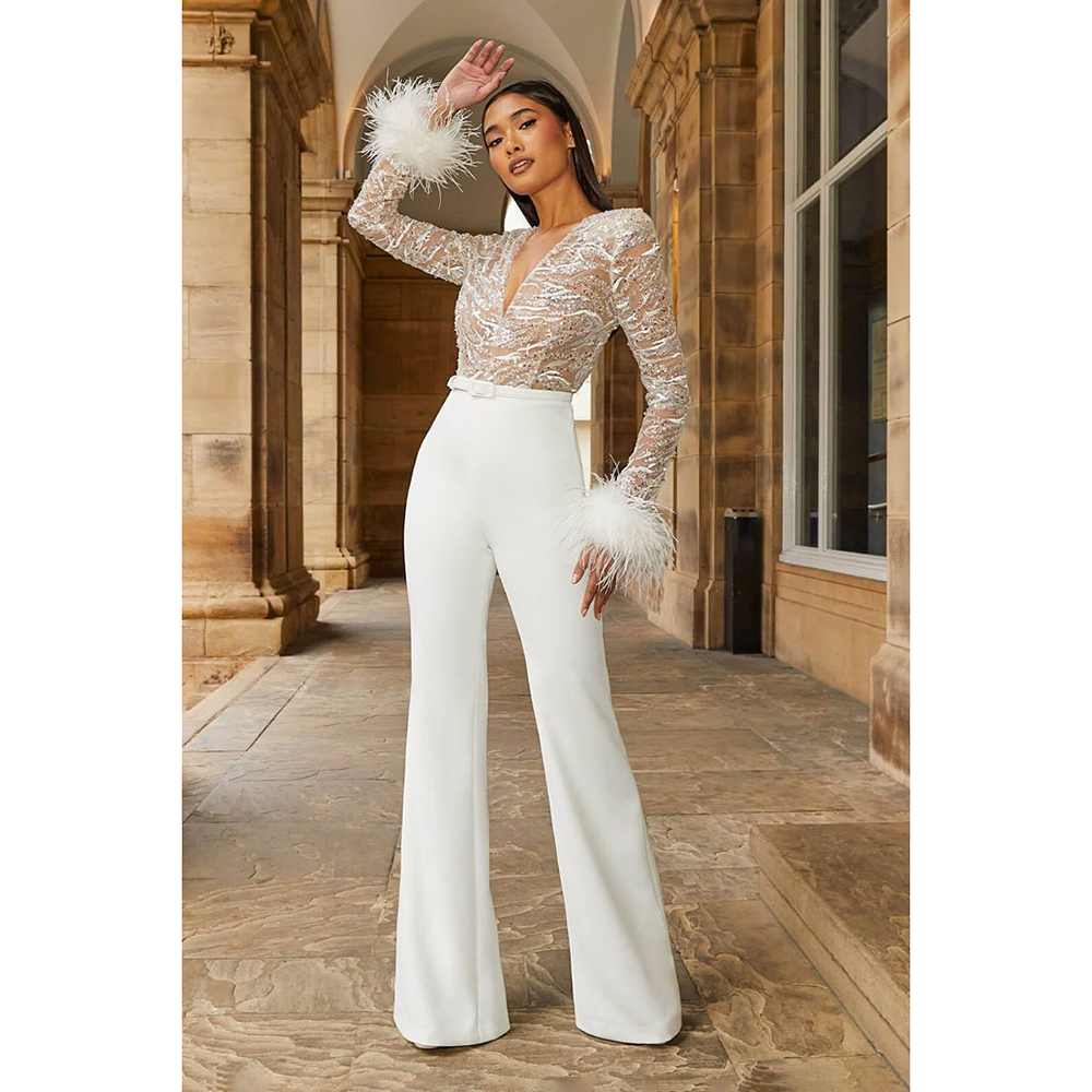 Women'S Formal Jumpsuit Evening Wear - ชุดจั๊มสูทออกงานกลางคืนสุดชิคกางเกงผ้าปะติดขนนกแขนยาวคอวีสำหรับผู้หญิงเสื้อผ้าลำลองกิจกรรมพิเศษ