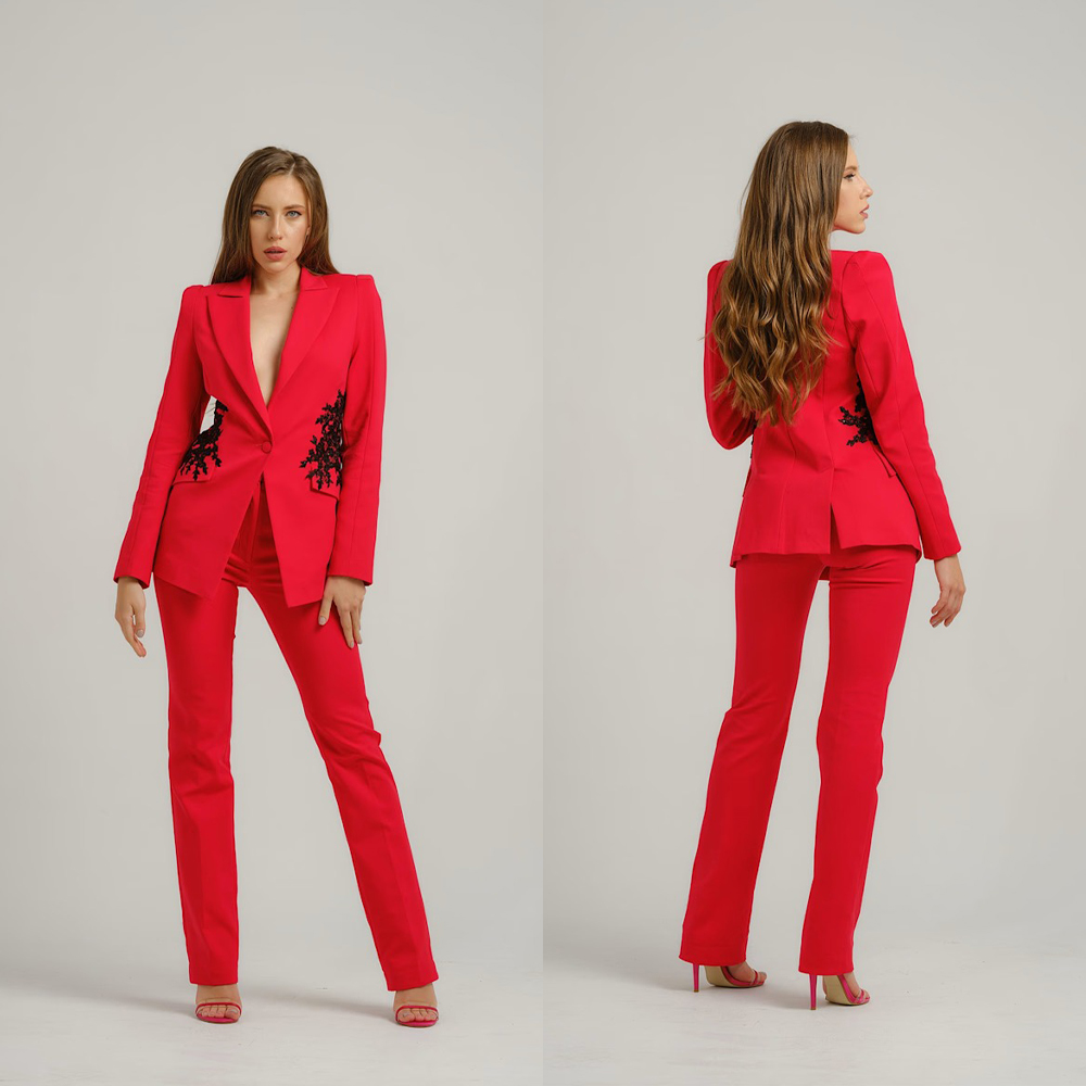 Formal Dress Female - ชุดเดรสสตรีชุดสูทหรูหราแอพพลิเคชันเสื้อแจ็คเก็ตปกผ้าคลุมไหล่และกางเกงสำหรับหญิงซาติน 2 ชิ้นชุดสูทที่กำหนดเอง W745