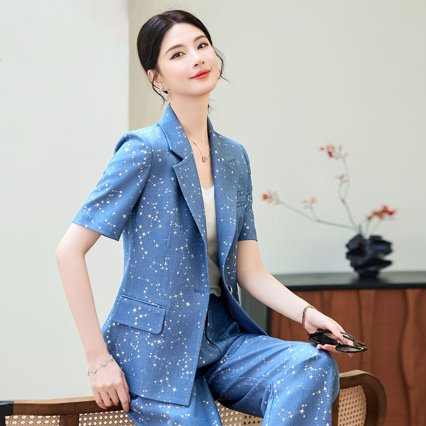 Women'S Office Formal Wear For Ladies - แฟชั่นสีฟ้าสีเหลืองแขนสั้นชุดสูทมืออาชีพผู้หญิงฤดูร้อนใหม่สง่างามอย่างเป็นทางการสลิมเบลเซอร์และกางเกงสำนักงานสุภาพสตรีชุดทำงาน
