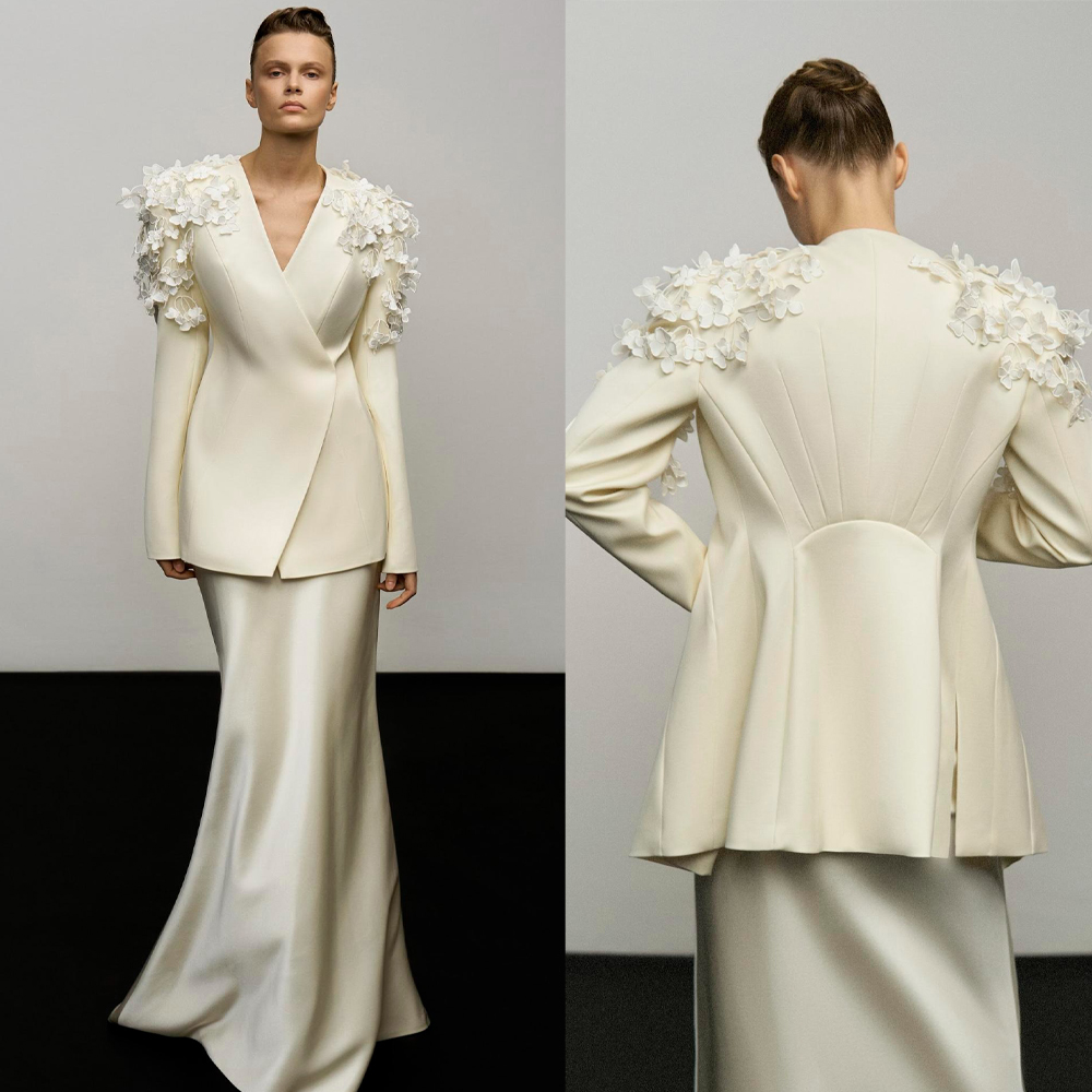 Formal Dress Female - ชุดเดรสผู้หญิง ชุดสูท ชุดราตรี ประดับลูกไม้ แจ็คเก็ตแบบติดกระดุมเดี่ยวพร้อมกระโปรงสำหรับผู้หญิง ผ้าซาติน