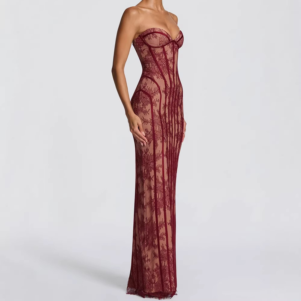 Women Formal Wear Dress - เดรสยาวทรงบอดี้คอนแบบไร้สายสำหรับผู้หญิง ปี 2026 ลายทาง เปิดหลัง ดีไซน์หรูหรา