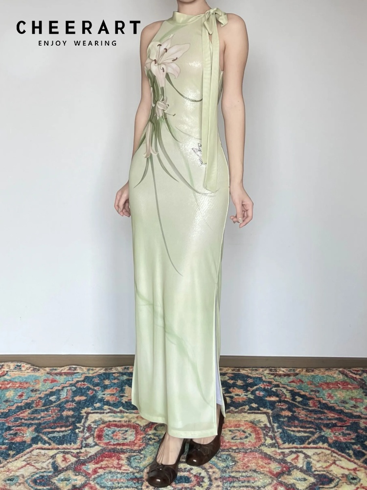 CHEERART ชุดเดรสยาวแขนกุดลายดอ - Women'S Green Formal Wear บทวิจารณ์และราคา