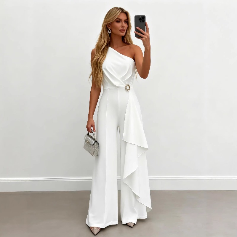 จั๊มสูทสีขาวแบบไหล่เดียวสำหรับ - Women'S Formal Jumpsuit Evening Wear บทวิจารณ์และราคา