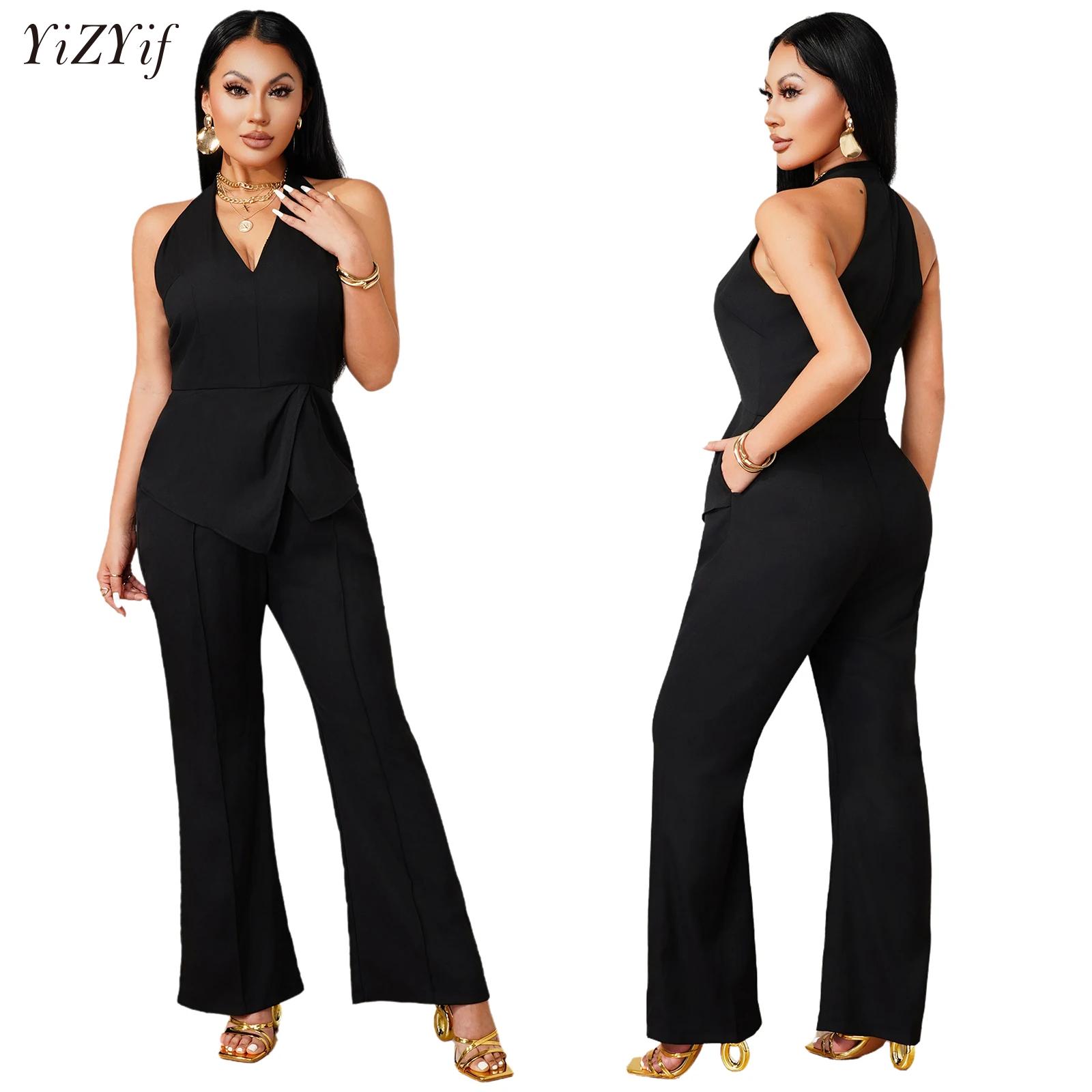 จั๊มสูทคอวีแขนกุดพร้อมดีไซน์ผ้ - Women'S Formal Jumpsuit Evening Wear บทวิจารณ์และราคา