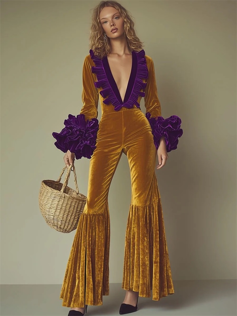 จั๊มสูทกำมะหยี่สีเหลืองม่วงสำห - Women'S Formal Jumpsuit Evening Wear บทวิจารณ์และราคา