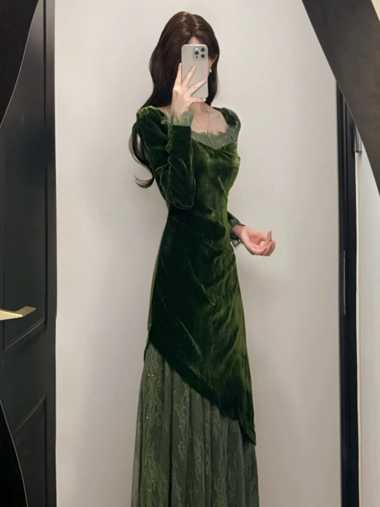 เดรสกำมะหยี่สไตล์วินเทจฝรั่งเศ - Women'S Green Formal Wear บทวิจารณ์และราคา