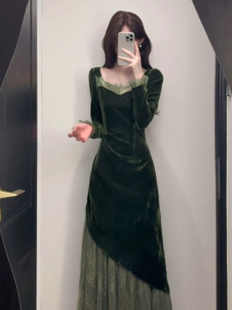 เดรสกำมะหยี่สไตล์วินเทจฝรั่งเศ - Women'S Green Formal Wear บทวิจารณ์และราคา