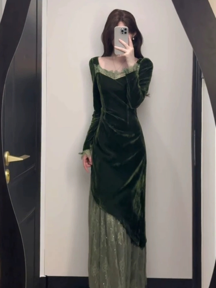 เดรสกำมะหยี่สไตล์วินเทจฝรั่งเศ - Women'S Green Formal Wear บทวิจารณ์และราคา